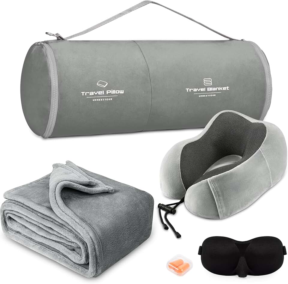 urnexttour Travel Pillow and Blanket Set Neck Pillows Travel Essentials with Sleep Mask for Airplane Car Memory Foam Grey
