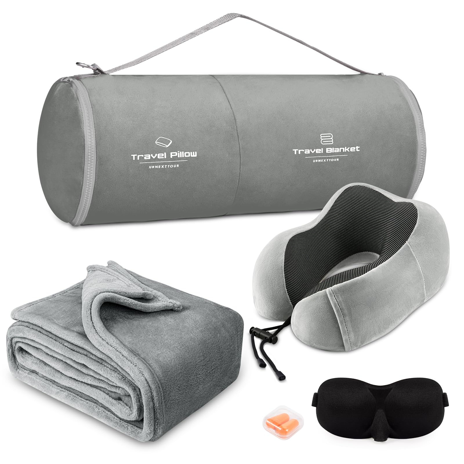 urnexttour Travel Pillow and Blanket Set Neck Pillows Travel Essentials with Sleep Mask for Airplane Sleeping Car Memory Foam Grey