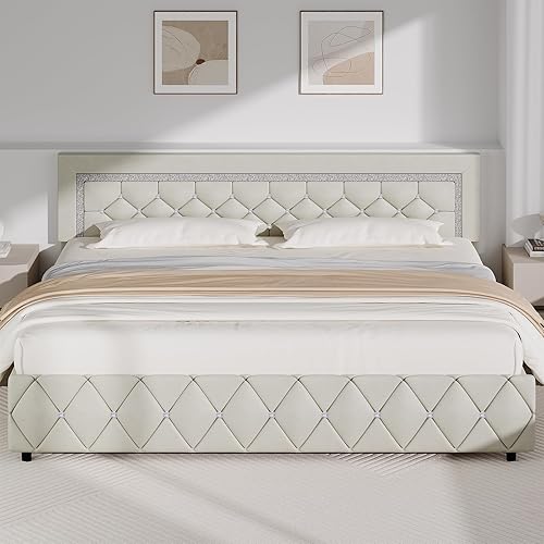 Miniatura 76 de BarnFurin - Base de cama matrimonial con cabecera capitoné, plataforma tapizada con diseño de diamante, base de colchón, soporte de listones de