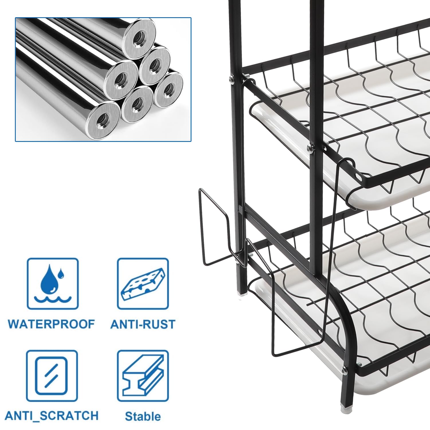 Scolapiatti nero a 3 livelli con vassoio raccogligocce 63 * 27 * 14 cm, porta posate/tagliere da posizionare sopra il lavello, scaffale portaoggetti per piatti in acciaio inox con 4 ganci