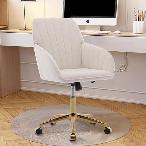 Miniatura 2 de Silla de escritorio de oficina de terciopelo, silla de escritorio giratoria con ruedas y base dorada, silla de tocador de maquillaje rodante con