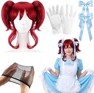 Halloween Cosplay Costume Accessories Set, Red Twin Tail Wig with Wig Cap, White Cotton Gloves, Blue Hair Bows for Halloween Costume Dress up Party