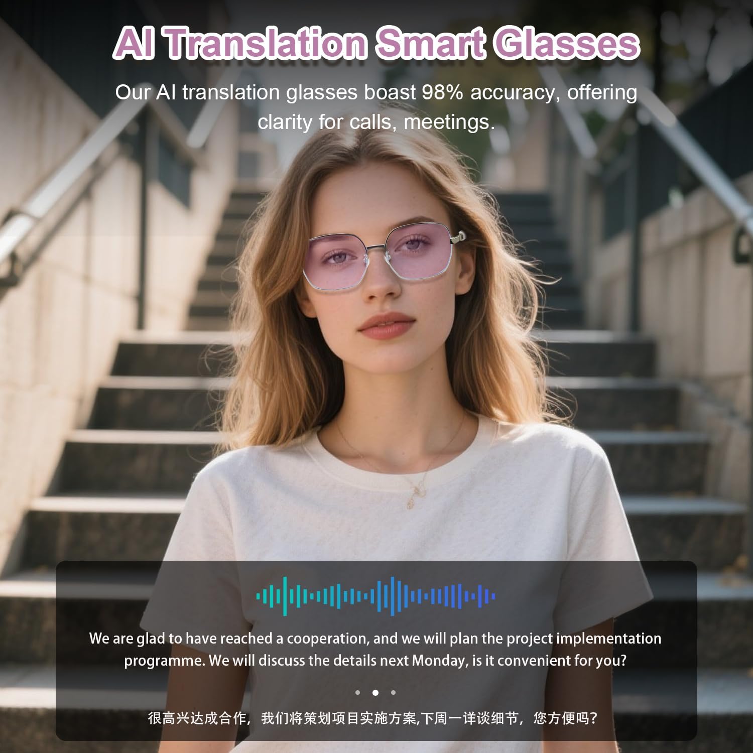 Al Smart Glasses for Women- Bluetooth Translation Glasses with 164 Languages, Color-Change Lens, Music & Call, IP54 Waterproof, Free App, Audio AI Translator Glasses for Meeting Cycling Travel Gaming