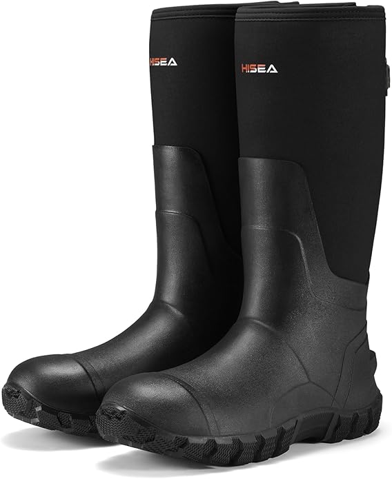 HISEA Upgraded Men's Rain Boots, Waterproof Insulated Neoprene Rubber Boots with Steel Shank, Durable Anti-Slip Outdoor Work Boots for Hunting Gardening Farming Fishing Mud Working, Adjustable Calf