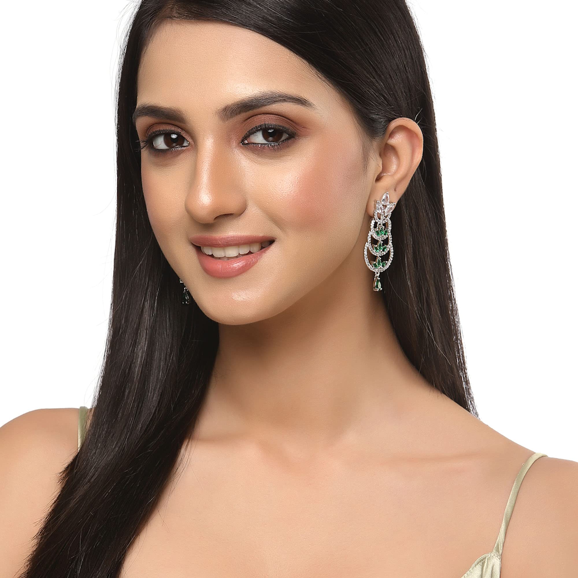 Rhodium-Plated Crescent Drop Earrings with AD