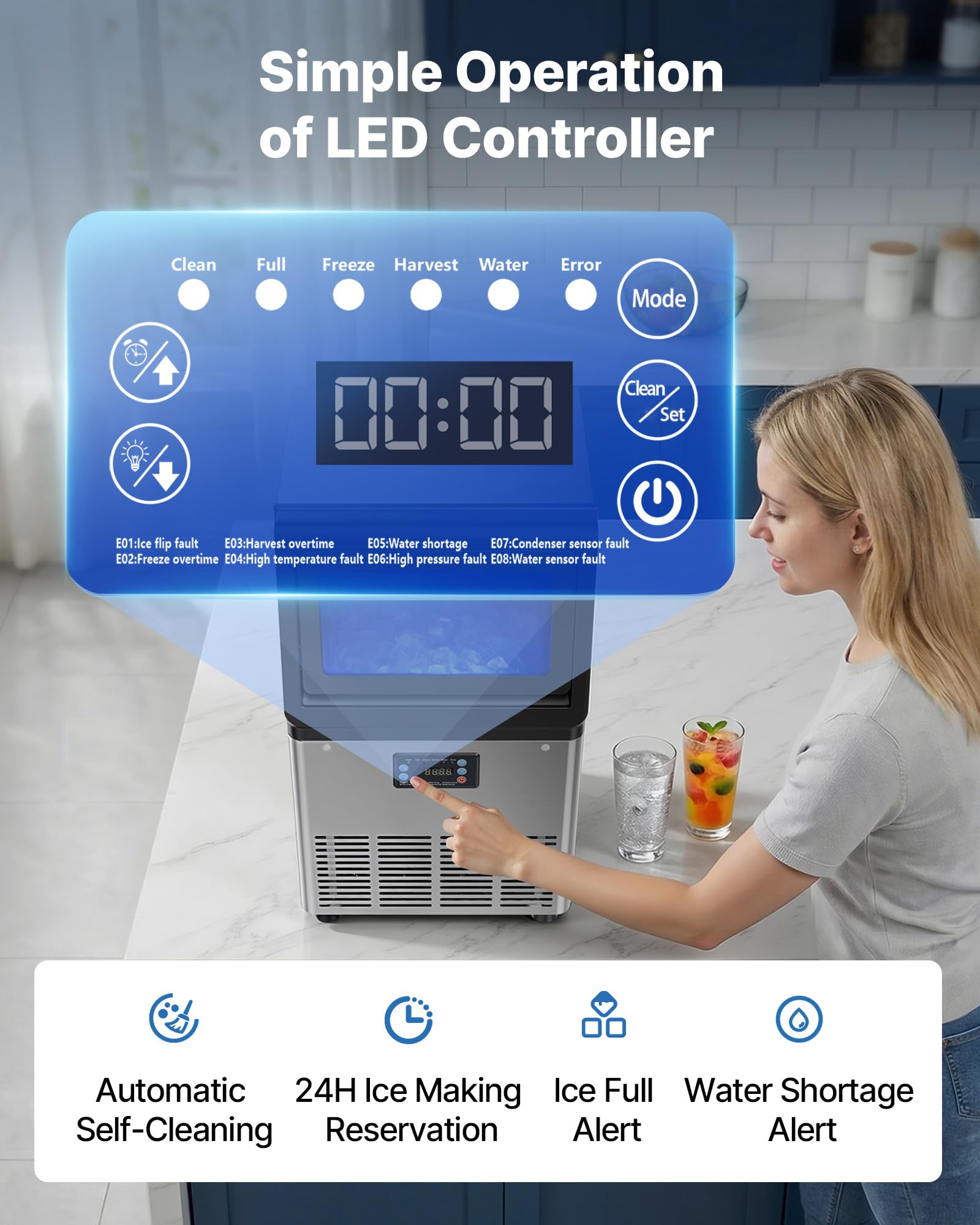 VEVOR Macchina per Ghiaccio in Acciaio Inox 36kg/24h Stoccaggio 3-6kg Bar | Autoportante, Funzione Autopulente, Display LED, per Preparazione Bevande Fredde, Casa, Bar, Caffetterie, Ristorante, Feste