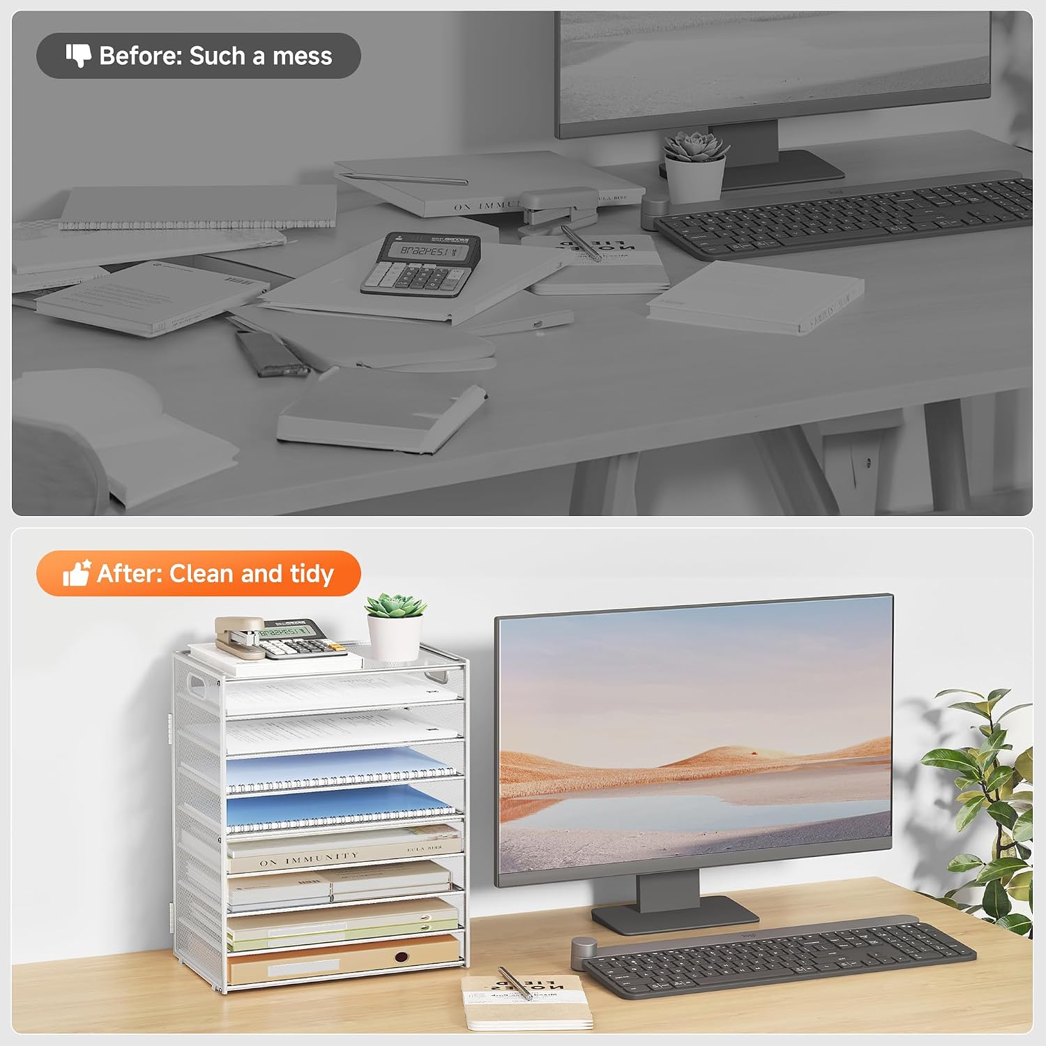 SUBEKYU 9 Tier Paper Letter Tray Desk Organizer with Handles - White Metal Mesh File Holder Paper Sorter Desk Organizer for Office Home School, Include 6 Pcs Adjustable Slid Tray, 6 Colors Available