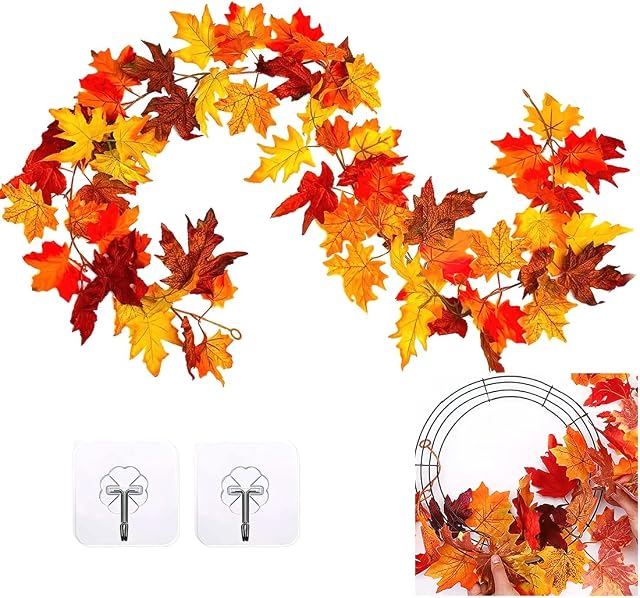Artificial Autumn Leaves Garland, 6ft Fall Maple Leaf Autumn Foliage Garland Hanging Plant Fake Vines with Hooks for Thanksgiving Halloween Party, Indoor Outdoor Wall Fireplace Table Wreath Decoration