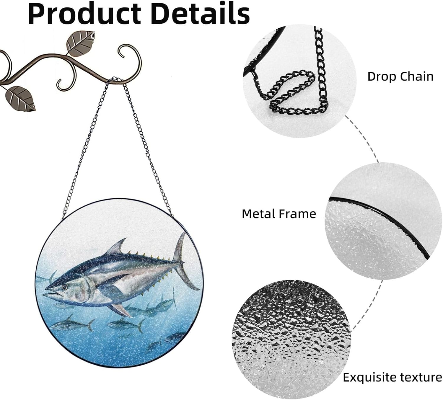 Bluefin Tuna Thunnus Stained Glass Suncatcher for Window Hanging Sun Catcher Ornament for Women Men Suncatcher for Home Decor, 8in（20cm） Round Glass Ornament for Mother's Day Birthday Gift