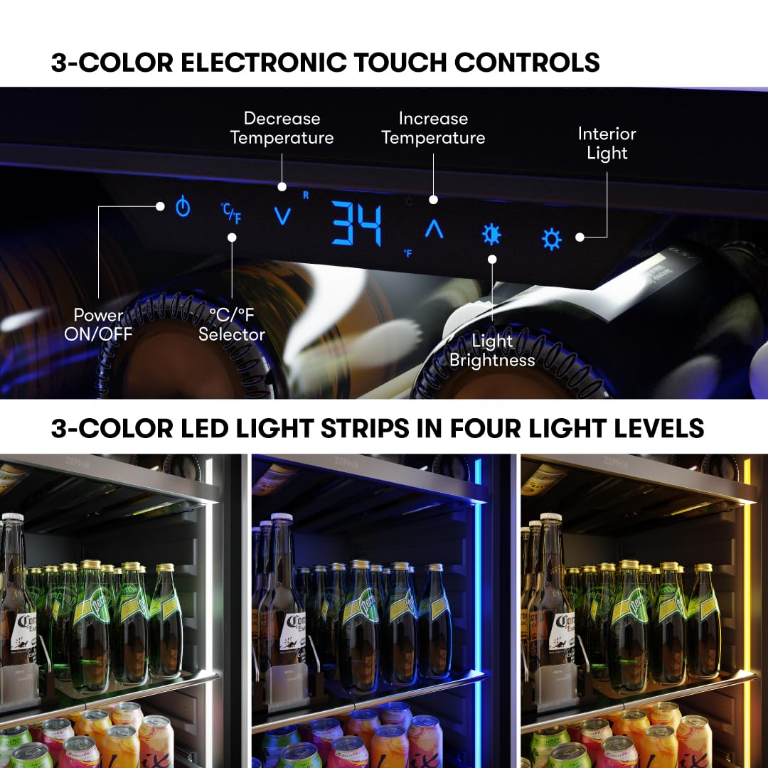 Zephyr 24" Wine Fridge & Beverage Refrigerator Single Zone Under Counter - Mini Wine Cooler Cellars Small Beer Fridge Cabinet Drink Chiller Freestanding Wine Beverage Cooler, 7 Bottles,112 Cans on Fridge.com - View 4