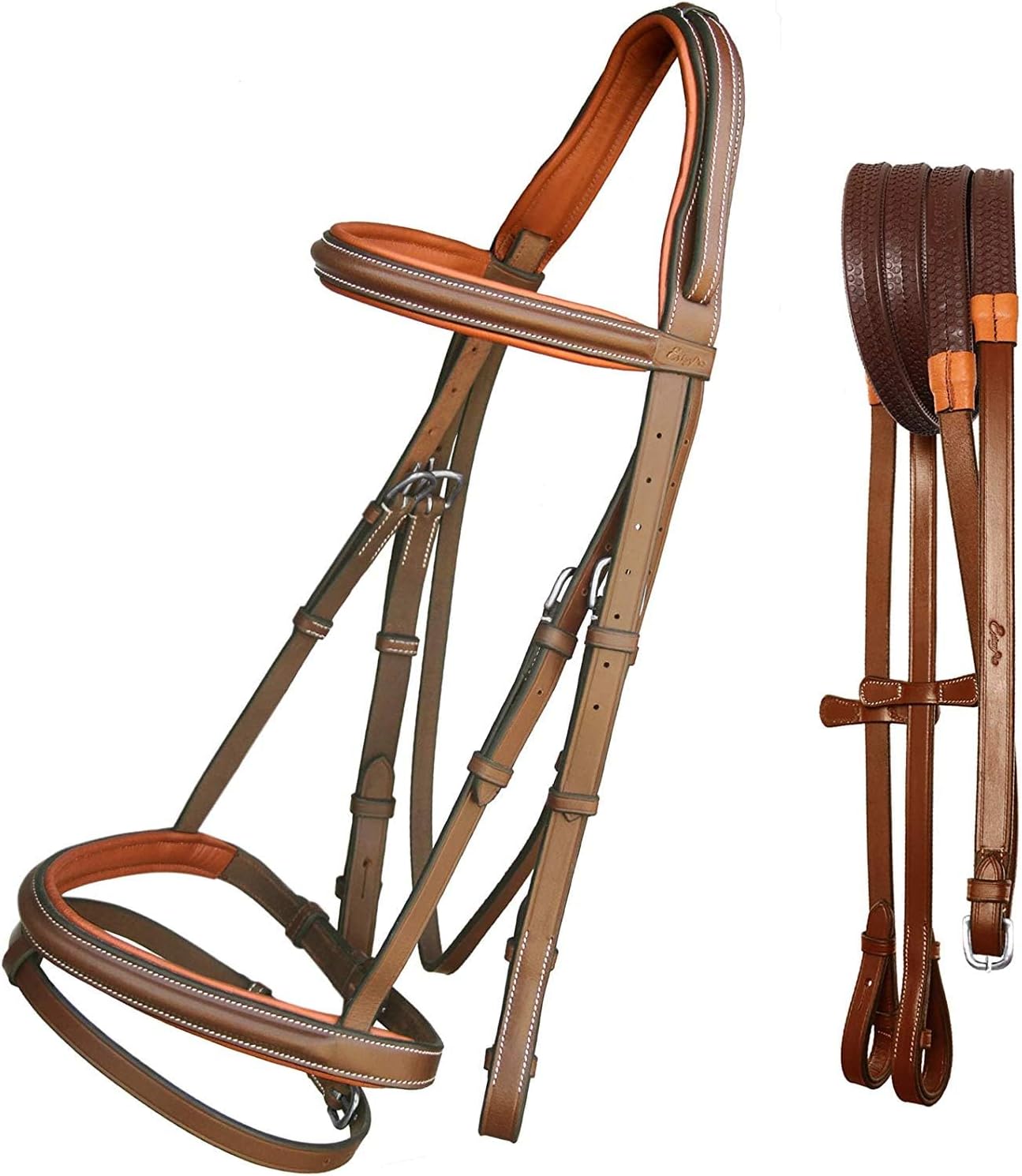 English Bridle Headstall Reins Leather Cowhide Genuine Horse Crossover Crossunder Raised Fancy Stitched Laced All Purpose Jumping Dressage Rubber Crystal Padded Adjustable Browband Full-Cob,M11