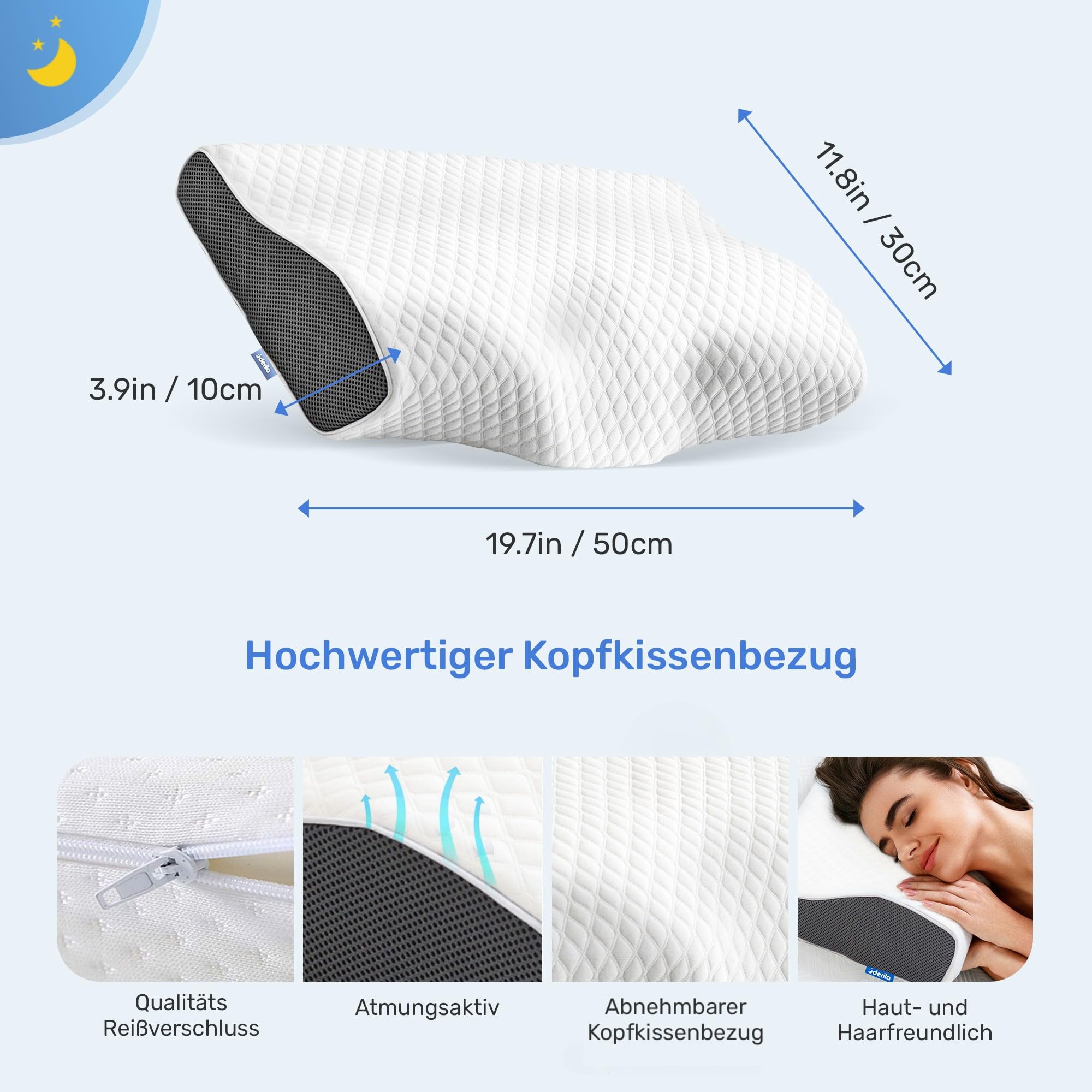 Derila Nackenkissen Kopfkissen, Memory Foam Kissen Original. Nackenstützkissen, Seitenschläferkissen für Seiten, Rücken & Bauchschläfer (Queen, 1er Pack)