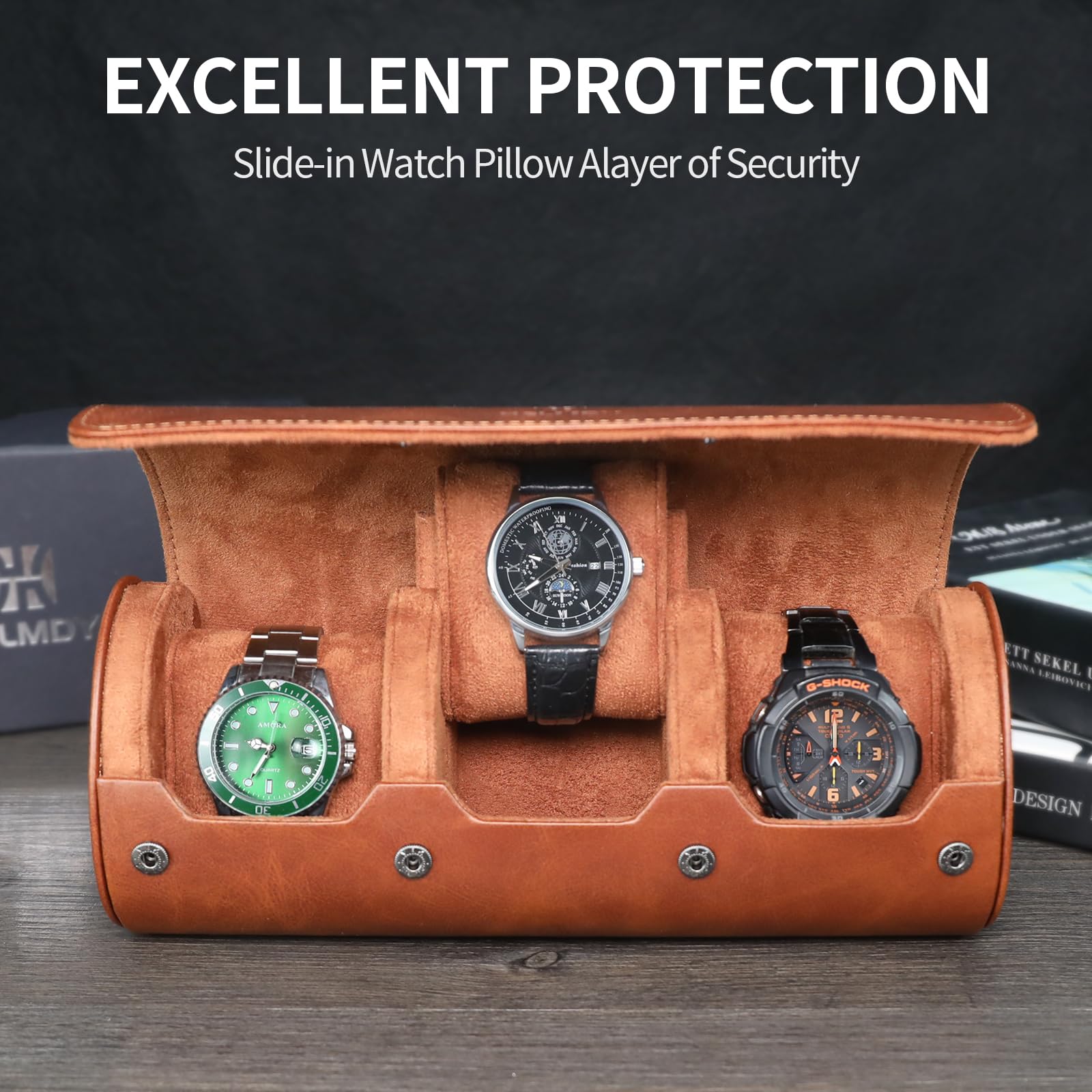 Étui de voyage pour montres homme et femme : rouleau de voyage pour 3 montres – Boîte de rangement et présentoir pour montres et montres intelligentes jusqu'à 50 mm (marron)