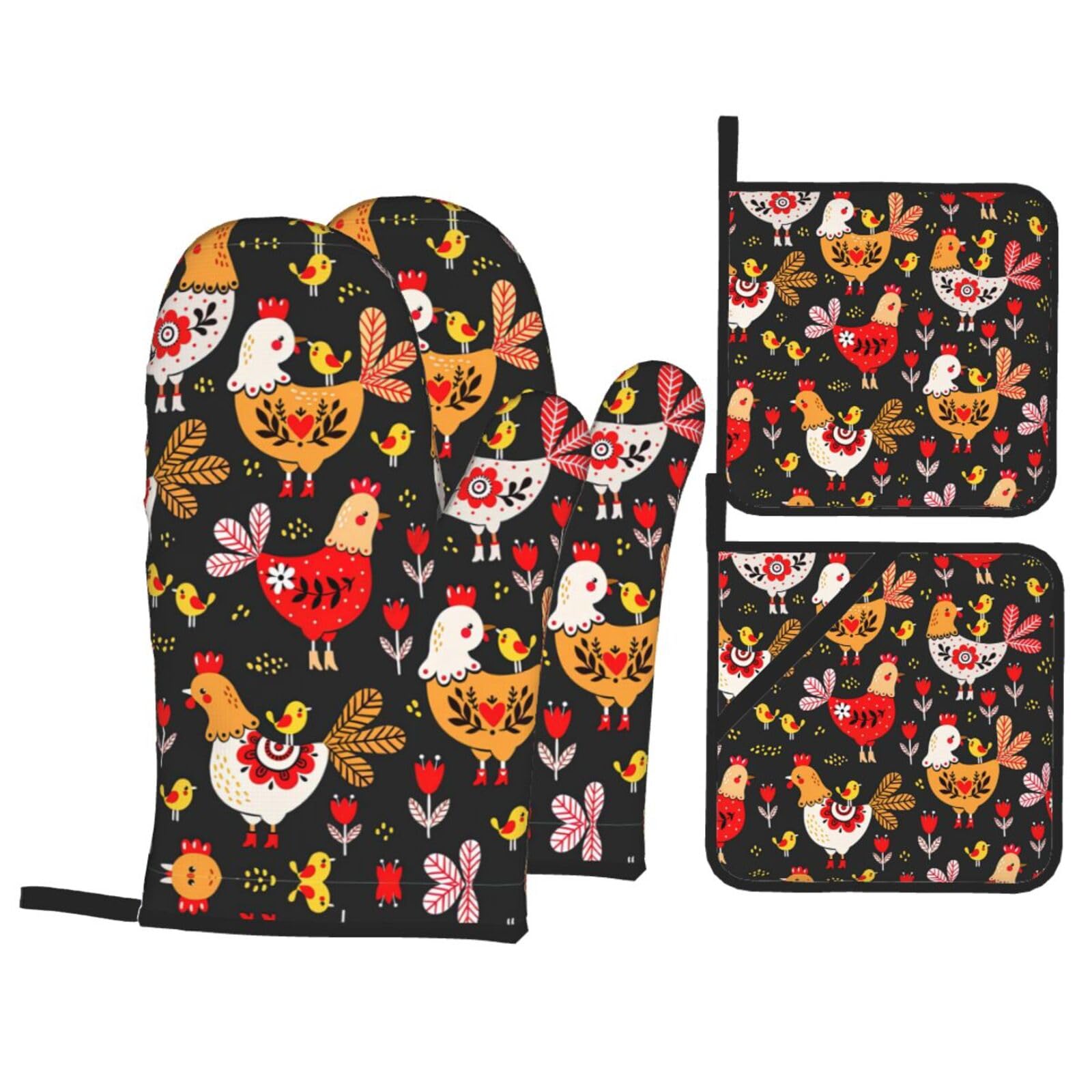 Cute Rooster Chickens Print Oven Microwaving Waterproof Kitchen Gloves for Baking Grilling Holiday Cooking