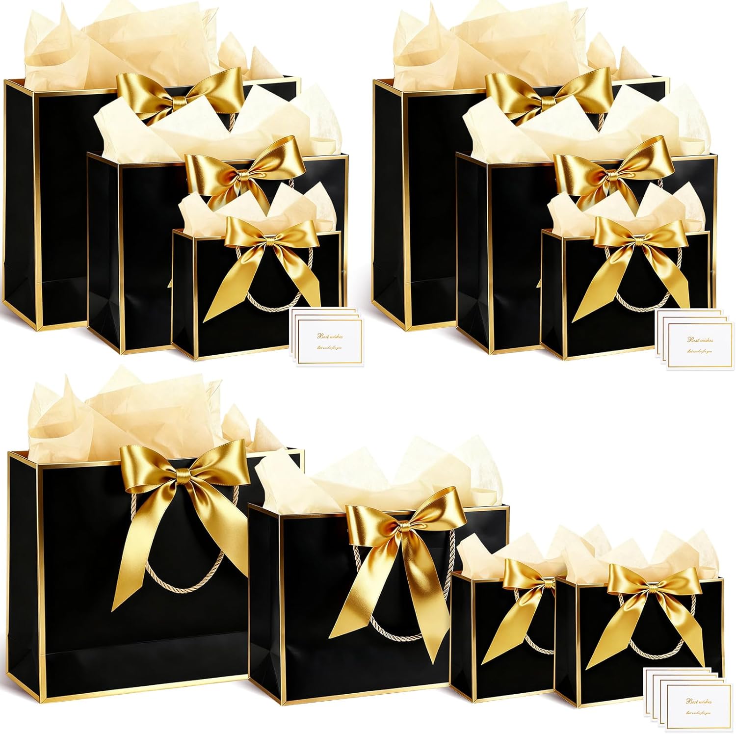 Maitys 10 Set Black Gold Gift Bags Assorted Sizes with Ribbon Greeting Card Tissue Paper (3 Large 12.6", 3 Medium 11", 4 Small 7.5") Thank You 5 Senses Gift Bag for Valentines Day Anniversary Birthday