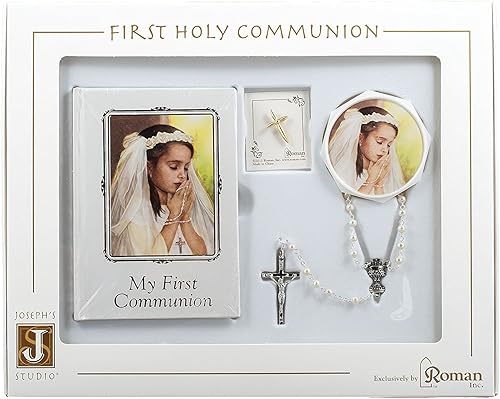 Juego de libro de primera comunión, alfiler de solapa, rosario y caja de recuerdo para una niña en Cristo