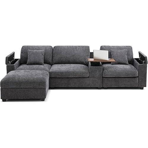 Oversized Reversible Modular Sectional Sofa Couch with Movable Ottoman and Storage Armrest , Linen Upholstered Convertible L Shaped Lounge Sofa Corner Couches w/ 360-degree Swivel Table and USB Ports