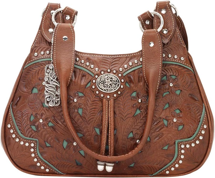 American West Hand Tooled Handcrafted 100% Genuine Leather 3 Compartment Zip-Top Scoop Tote Purse for Women Lady Lace Collection Western (Medium Brown) | Genuine leather