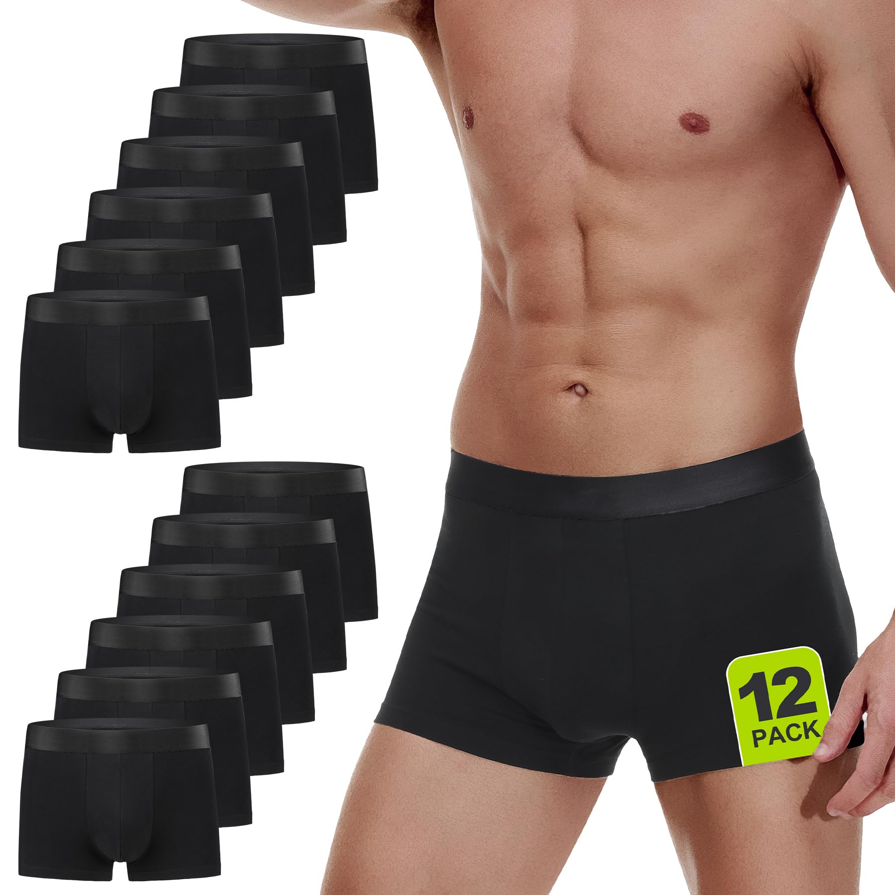 YouShow Underwear Man XL Black Boxer Trunks 12 Pack, Cotton Multipack Mens Underpants with Stretch Waistband Comfort Fit Pants