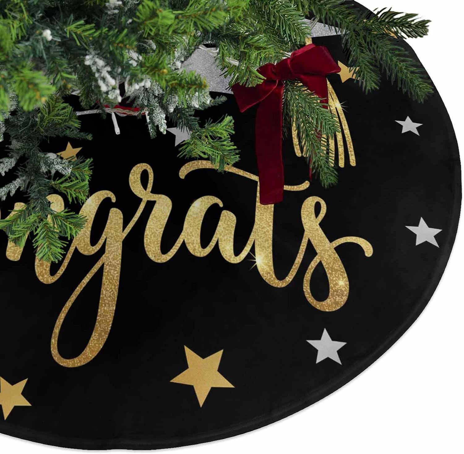 Christmas Tree Skirt 48 Inches Large Christmas Skirt Tree, Graduation Cap Tree Skirt Christmas Decorations for Fireplace Party Holidays Indoor Outdoor Star Black Gold Grey