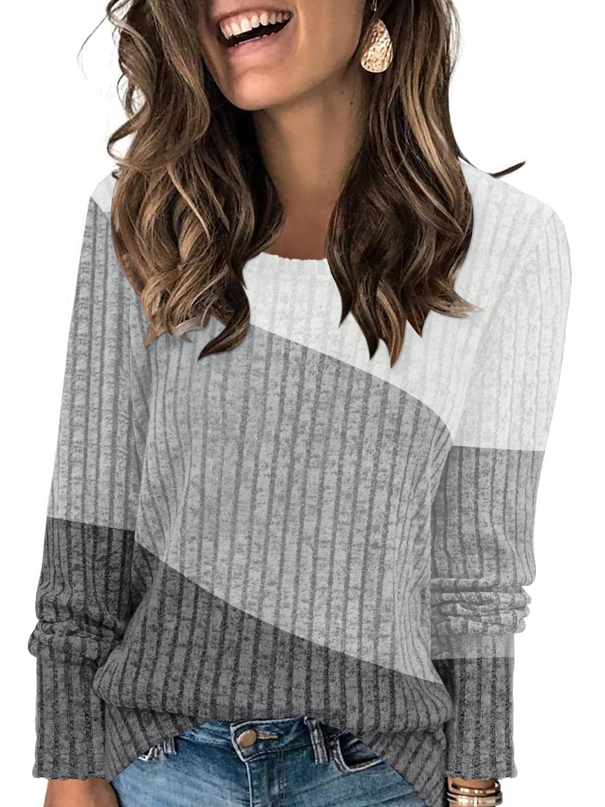 AYIFU Womens Lightweight Sweaters Long Sleeve Knit Color Block Sweater Crewneck Tops for Casual Fall Winter Tunic
