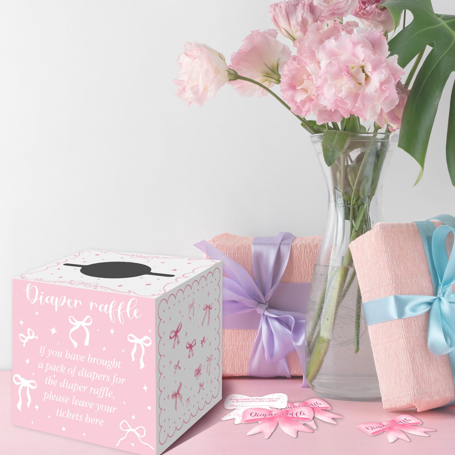 Decoraciones de baby shower con lazo rosa, caja de rifa de pañales para baby shower con 50 tarjetas de fiesta para niños, juego para niñas, decoración de baby shower, boletos de rifa de baby shower