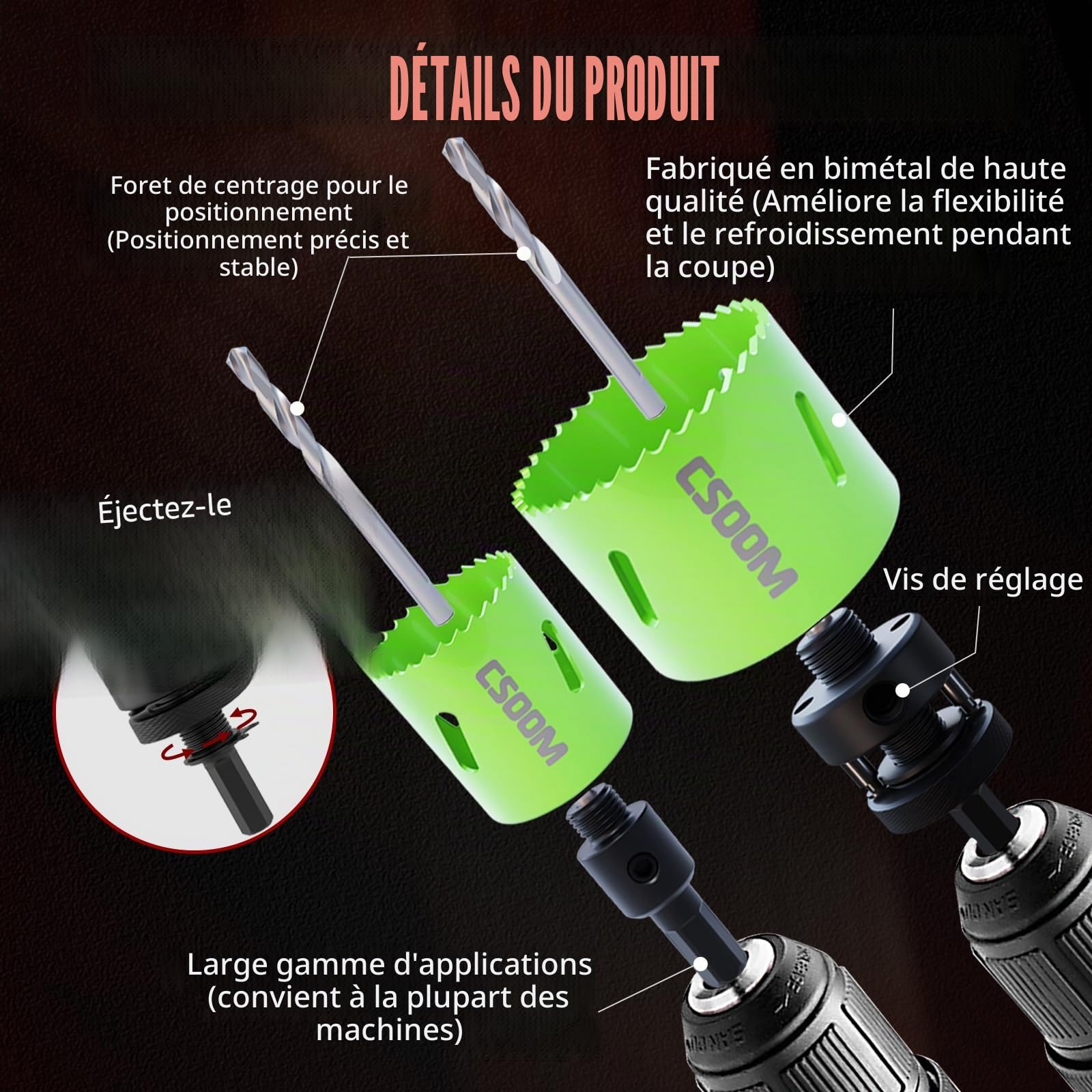 CSOOM Kit de scies cloches bimétalliques de qualité supérieure - 12 tailles (19 à 68 mm) - Profondeur de Coupe: 40 mm - Convient pour différents matériaux et applications