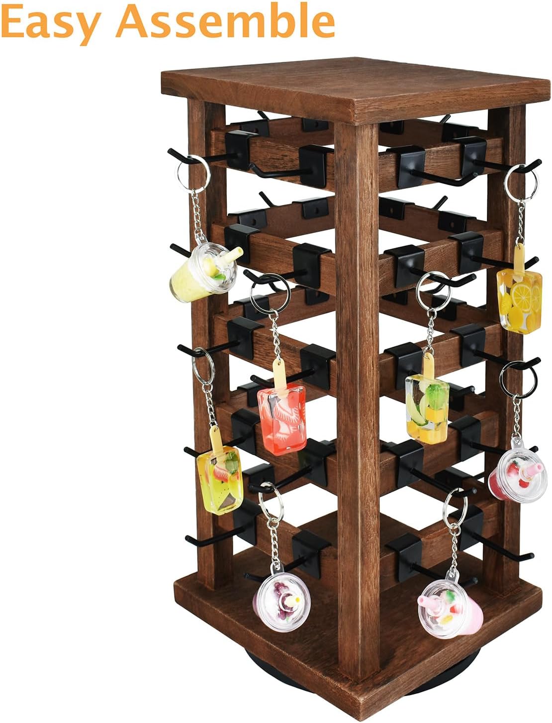 Ikee Design 5 Tiers Easy Assemble Wood Rotating Jewelry Display Tower with 42 Removable Hooks,Spinning Earring Card Storage Display Stand for Store, Showcase, Tradeshow and Home,Brown Color