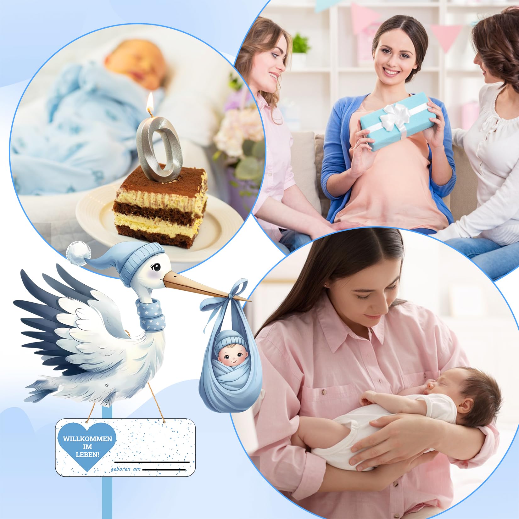 Cigogne à Clapette pour Naissance Bébé Imprimé Sur Deux Faces avec Bâton en Bois Plaque Nominative pour L'intérieur Et L'extérieur Idée Cadeau Naissance (Bleu)