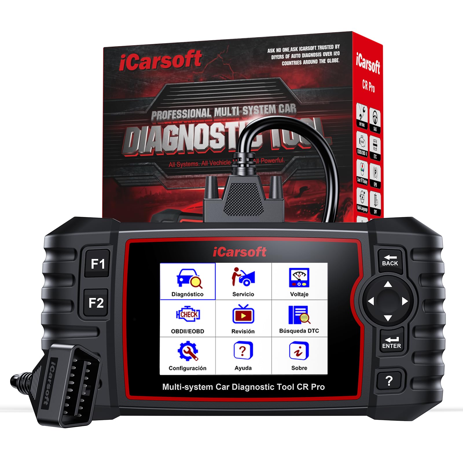 iCarsoft CR Pro OBD2 Máquina Diagnosis Coche Multimarca, Escáner de Todo el Sistema, Detector Fallos Coche con 9 Funciones Reinicio, Aceite/SAS/BMS/ABS, Prueba de Batería, Actualización de por Vida