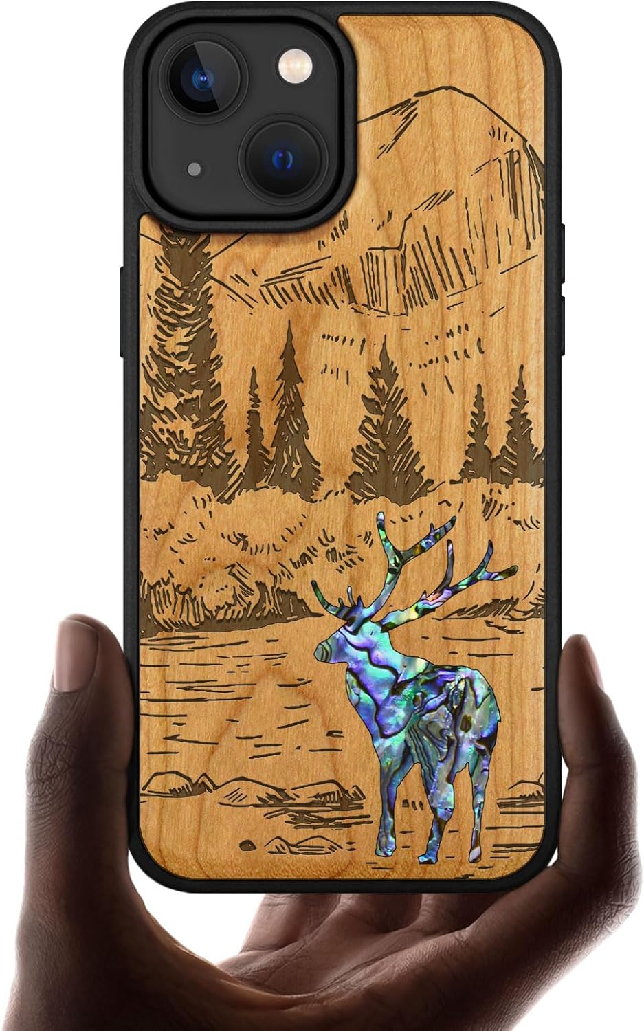 Carveit Wooden Case for iPhone 15 Magnetic Case, Compatible with MagSafe Wireless Chargers, Shockproof Cover, Handmade Shell Inlaid & Wood Artisan Engraved (Forest Deer) Cherry