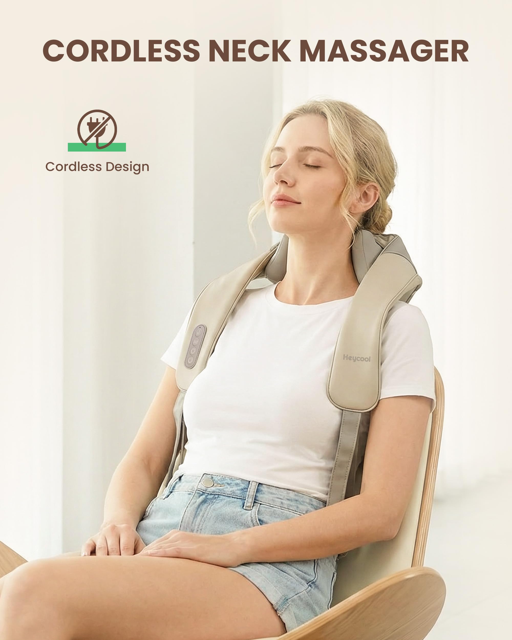 Heycool Cordless Battery Powered Neck Massager with Heat, Shiatsu Kneading, 4D Deep Massage for Neck and Shoulder Pain Relief, Grey, Modern Design 3