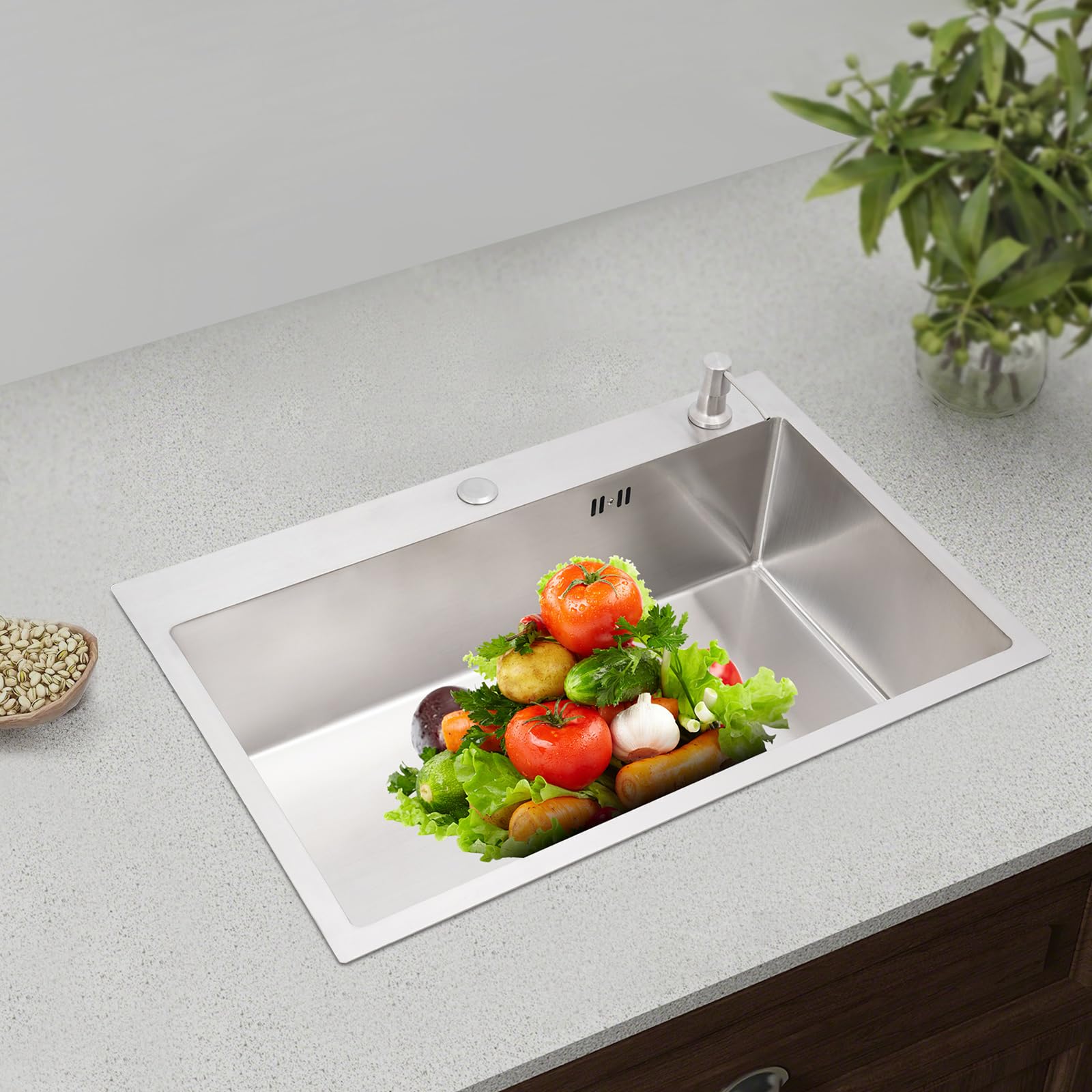 Fregadero de acero inoxidable 68 x 45 cm, fregadero de cocina de alta calidad y fregadero empotrable, con escurridor y escurridor, fregadero de granito empotrable a partir de 45 cm, incluye