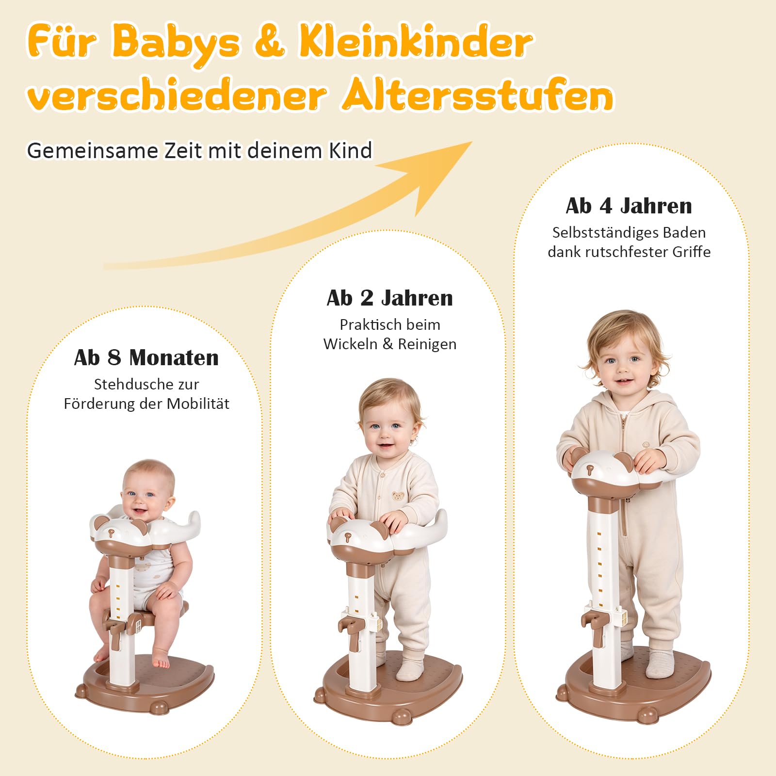 Baby Dusche Ständer Einstellbarer Baby Shower Stand Support mit AntiRutsch-Basis, Anehmbarem Sitz, Duschständer Kind, Anstelle eines Badewannensitzes baby zum Baden, Windelwechseln (Braun)