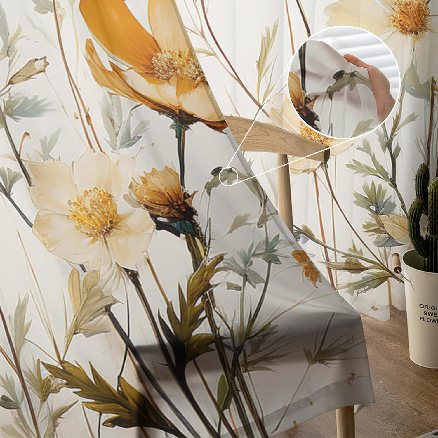 Sheer Curtains 96 Inches Long, Spring Watercolor Flower Leaves Window Treatment Panels Light Filtering Rod Pocke Curtain Voile Drapes for Bedroom/Living Room Each 52" W x 96" L