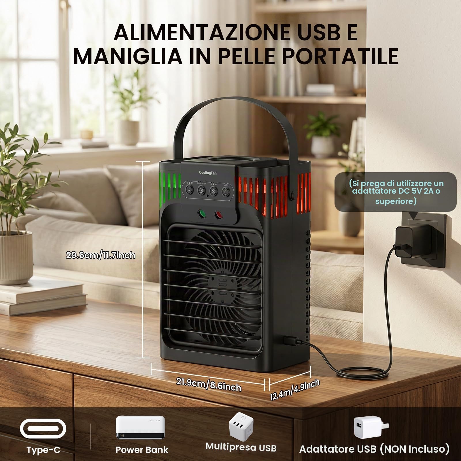 Climatizzatore mobile 4 in 1, con telecomando, 3 velocità, 3 modalità di nebulizzazione, serbatoio dell'acqua da 1200 ml, timer da 2 a 8 ore, luce notturna, mini condizionatore per stanza