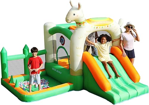 Casa de Rebote Inflable, Castillo Hinchable de Alpaca con Tobogán para Niños y Bebés, Casa de Rebote Inflable con Soplador, Pozo de Bolas, Aro de