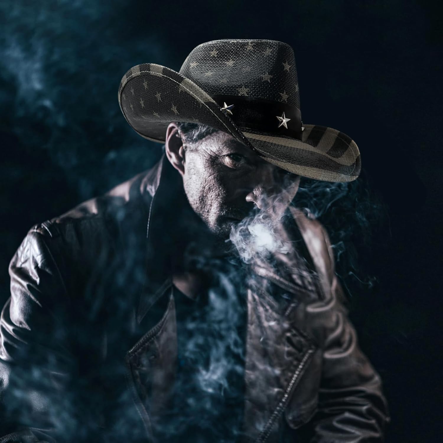 FLUFFY SENSE. Vintage USA American Flag Cowboy Hat Classic Tea Stained Patriotic Western Cowboy Cowgirl Hat with Shapable Brim, Vintage Black and White - Image 5