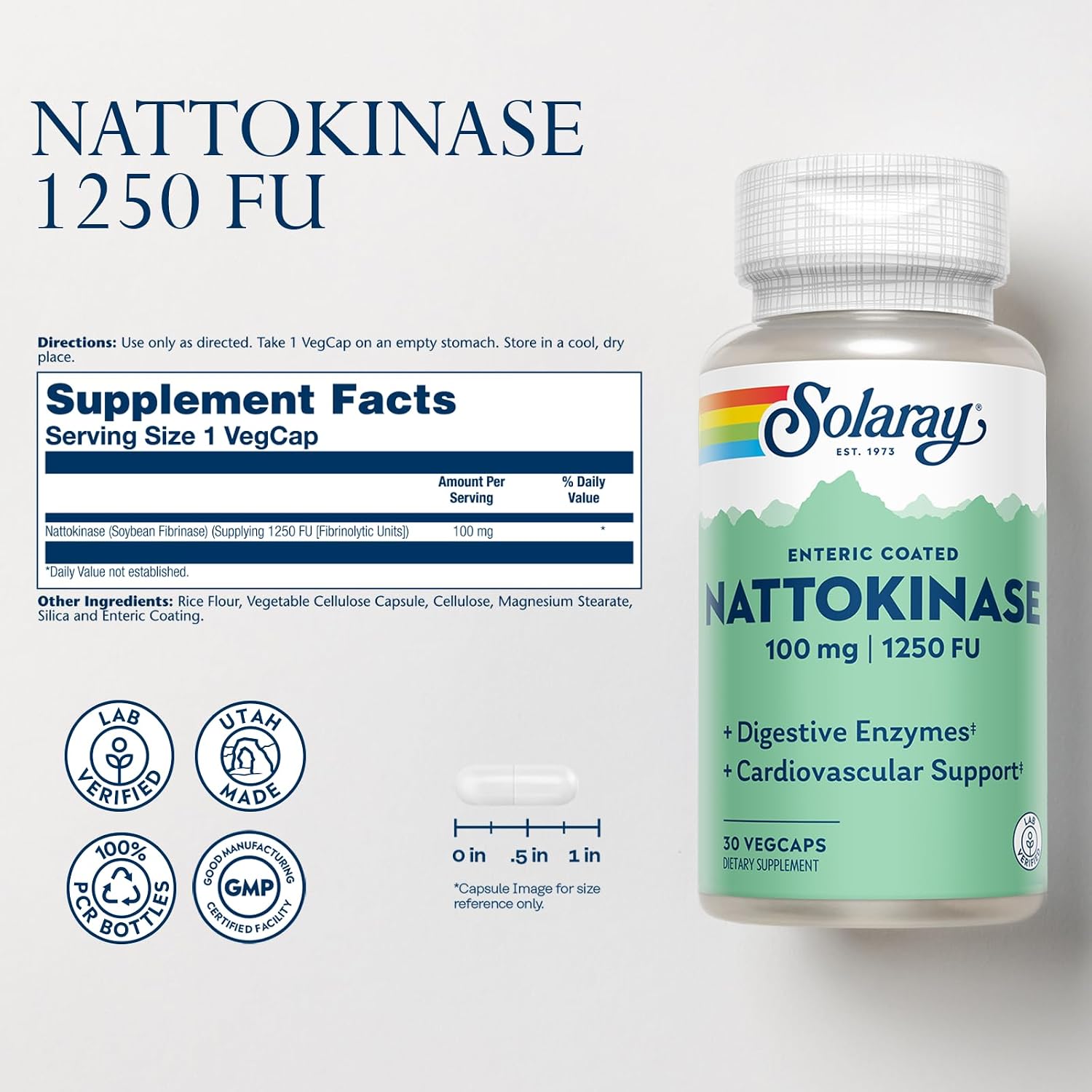 SOLARAY Nattokinase Supplement 1250 FU for Men & Women - Digestive Natto Enzymes, Heart Health & Circulation Support, Nattokinase Capsules 100 mg, Enteric Coated - 30 Veg Caps