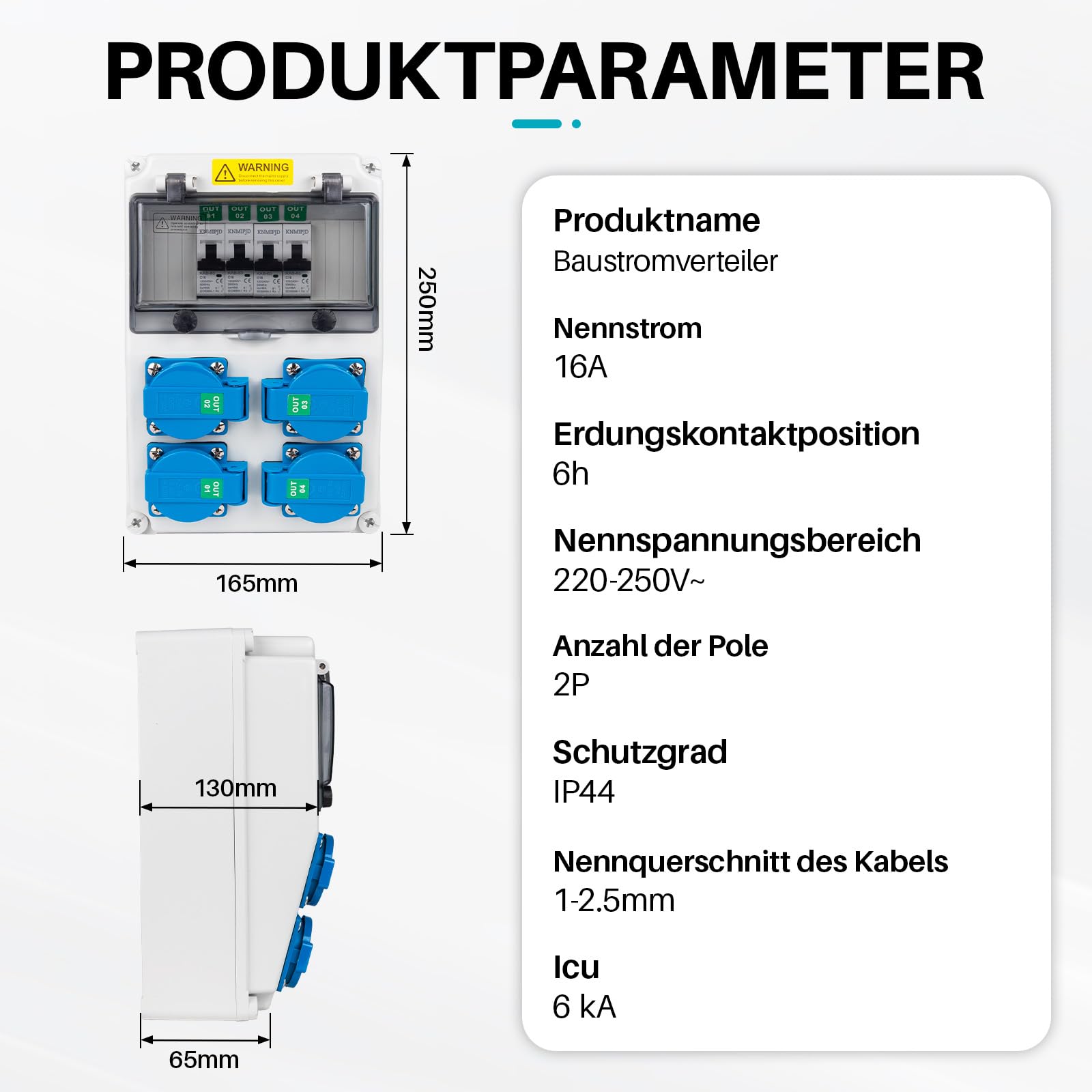 KNMlPJD Stromverteiler mit 16 A 1 Polig Leitungsschutzschalter Baustromverteiler mit 16 A Steckdose Starkstrom verteiler Wandverteiler starkstrom steckdose für den Innen- und Außenbereich(4×16A 1P LS)