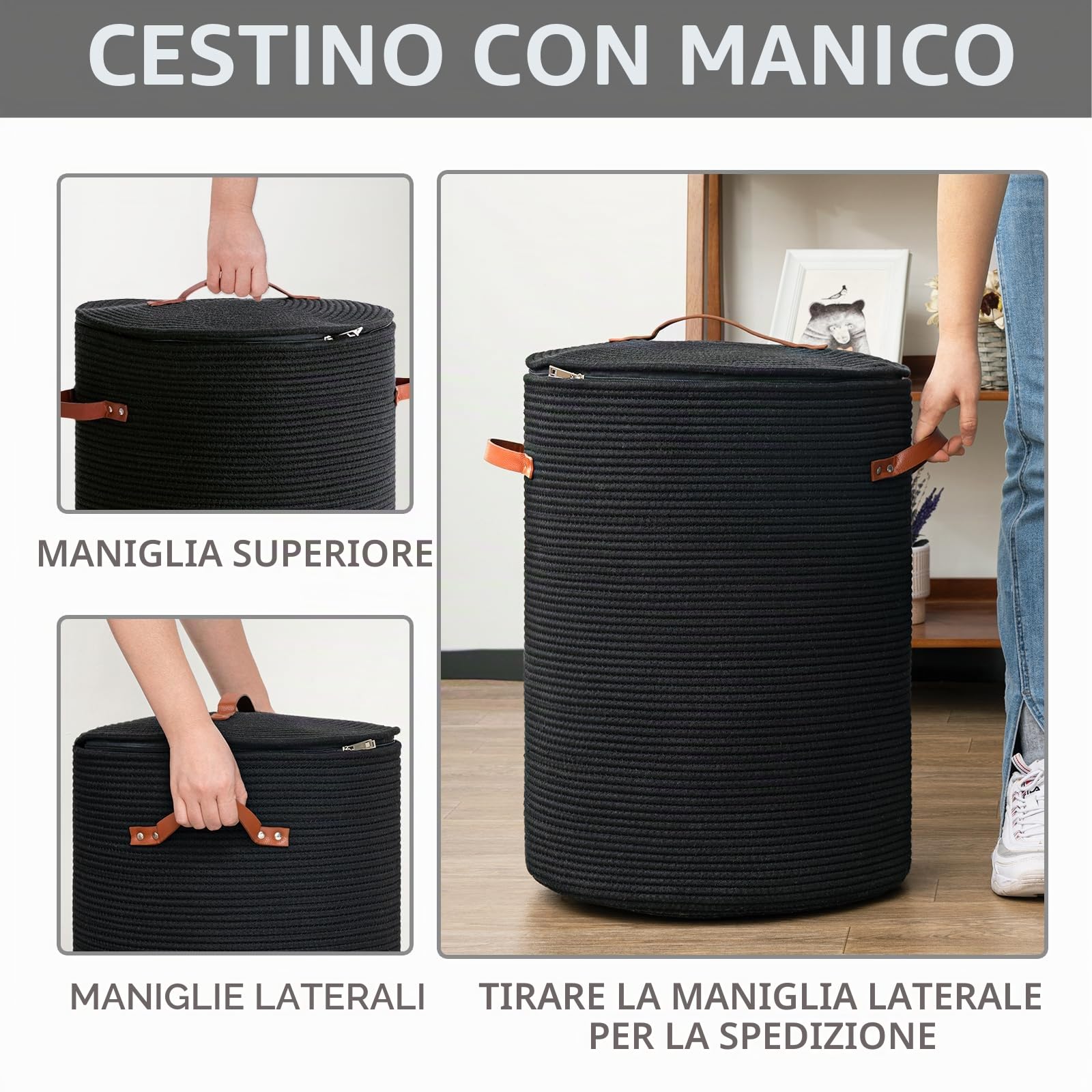 CHICVITA Cesto portabiancheria alto con coperchio, grande cesto portabiancheria per camera da letto, portabiancheria per vestiti, coperte, giocattoli, cesto decorativo intrecciato per soggiorno, 38,1