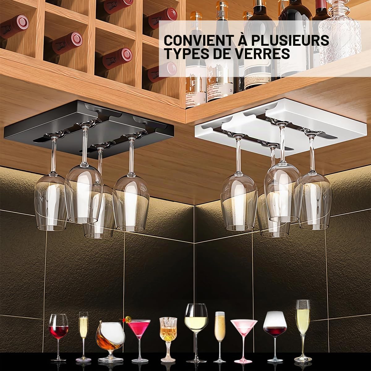 2 Pièces Support de Tasse et Vin, Porte-Verres Suspendu Auto-adhésif pour Maison, Bar, Cuisine, Restaurant (Blanc)