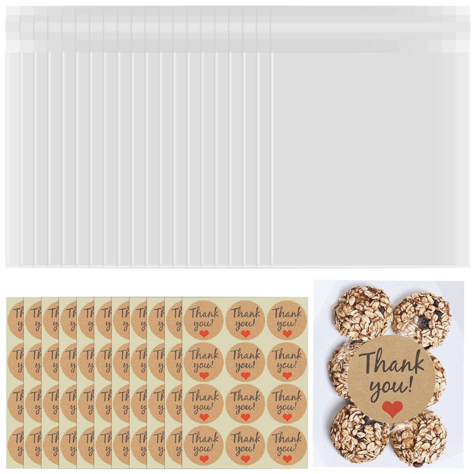 100Pcs Clear Cellophane Bags, Cookie Bag, Self Adhesive Cellophane Bags, Plastic Cookies Bag with 120pcs Thank You Stickers For Dessert Cookie, Cake, Chocolate, Candy Gift Giving (12 * 16cm)