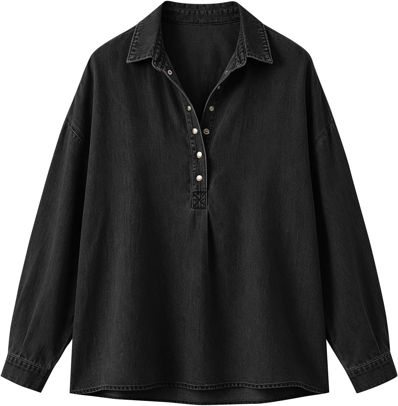 Womens Denim Tops,Long Sleeve,Collared,Retro Button Down,V Neck | | For daily commute | Retro denim styling,tailored collar,versatile neck,hard‑wearing everyday blouse