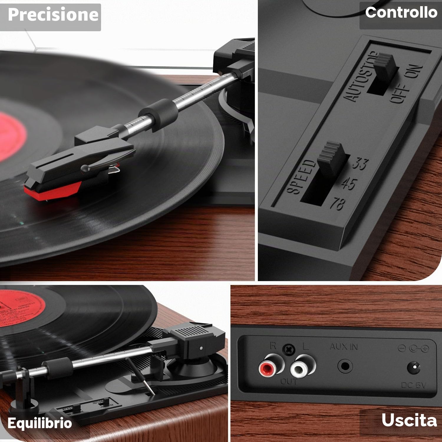 FYDEE Giradischi Vinile Vintage 3 Velocità 33/45/78 Giri Bluetooth Altoparlanti Integrati Auto-Stop RCA AUX Cuffie Mogano