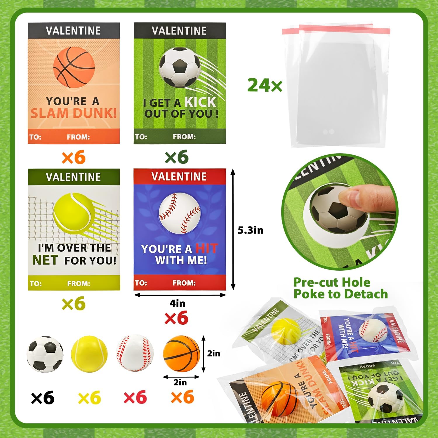 Stress Ball Valentines Day Cards Gifts for Kids Classroom -24 Pack, Mini Foam Sports Toys with Exchange Cards for Boys School, Valentines Goodie Bag Stuffer Class Treats Prizes for Preschool Toddlers