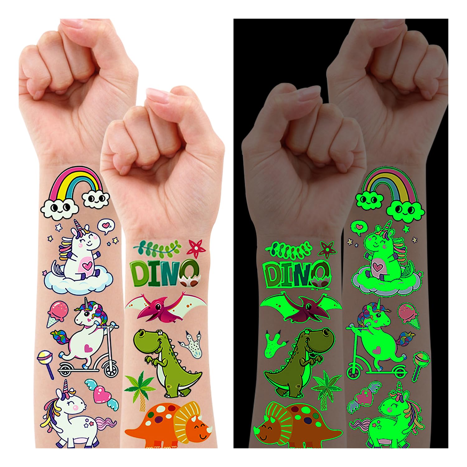 Pack De 250 Tatuajes Temporales De Dinosaurios, 20 Hojas De Dibujos + 5 Que Brillan En La Oscuridad
