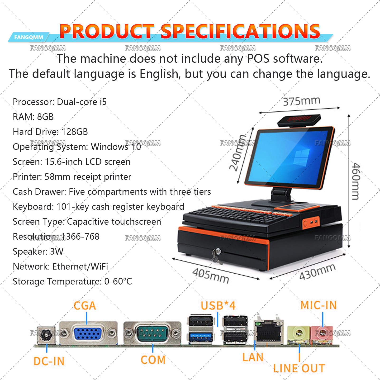 Registratore di Cassa Telematico, Sistem POS con Schermo Tattile 15.6", 8GB + 128GB, Scanner di Codici a Barre, 58mm Printer, Cassa Professionale per Ristoranti e Negozi Blue