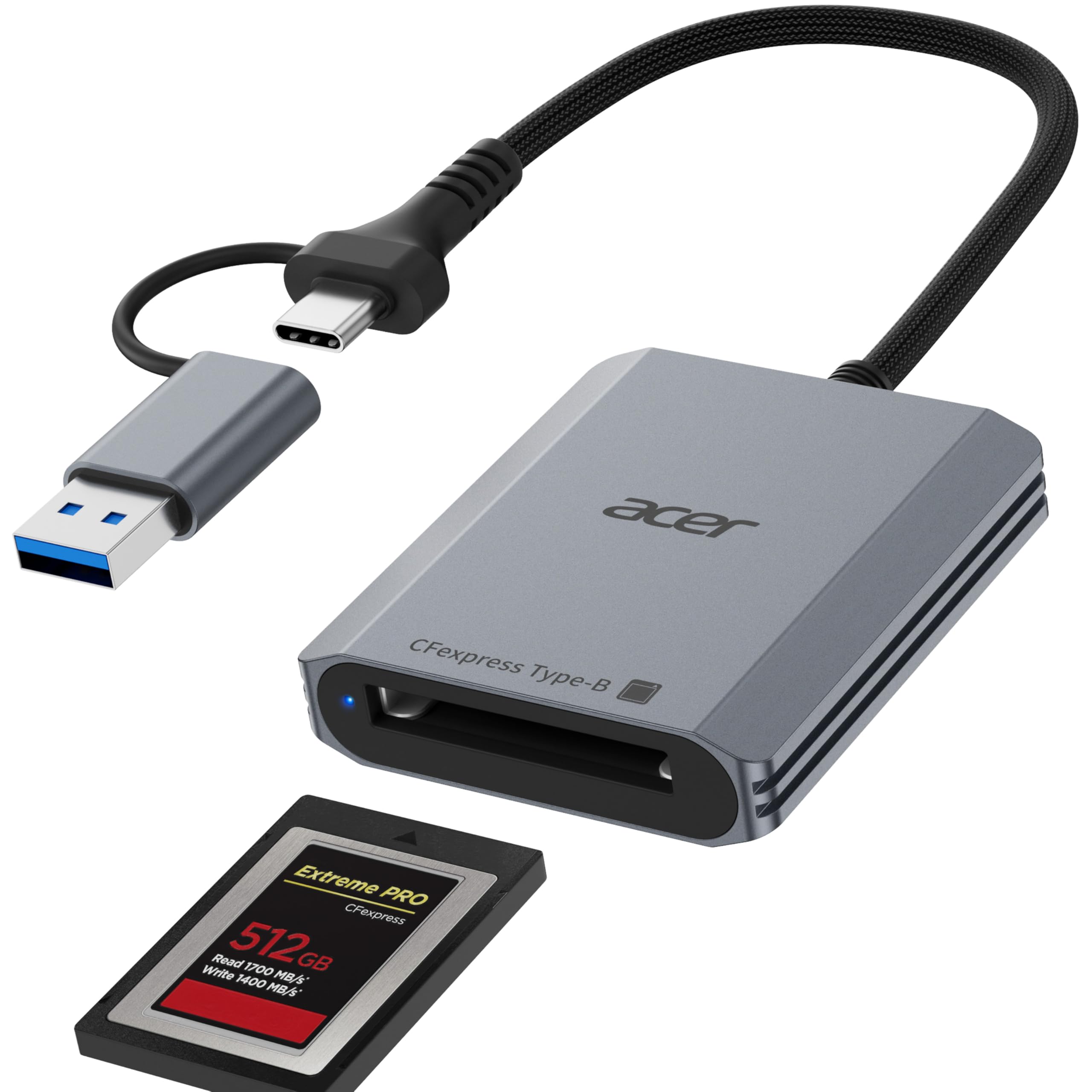 acer Lettore di Schede CFexpress Tipo B 10Gbps, Card Reader CFB USB A a USB C 3.2 Gen 2, Adattatore Scheda Memoria CFe Type B 1250MB/s per Laptop/PC/Tablet, iPhone 17, Samsung S26, MacBook ecc.