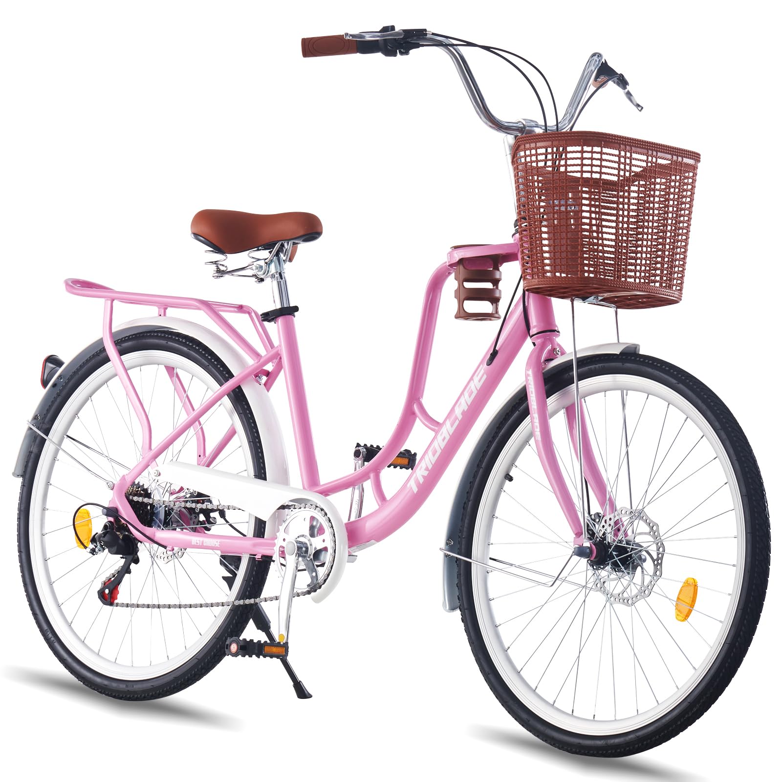 LSBIKE 24/26in Ladies Bike with Basket 7 Speed City Bicycle Women Girls Comfort Bike Lightweight Frame Hybrid Disc Brakes with Cupholder Steel Rear Rack Adjustable Handbar and Seat (Pink, 26inch)